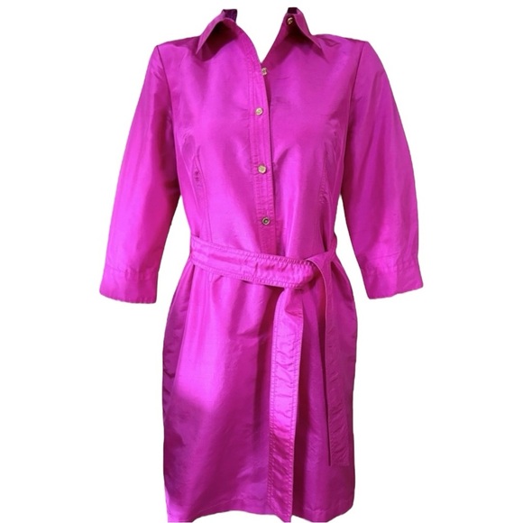 Talbots Fuchsia Pink 100% Silk Shirt Dress 16 – Belted Button Front - Picture 5 of 9